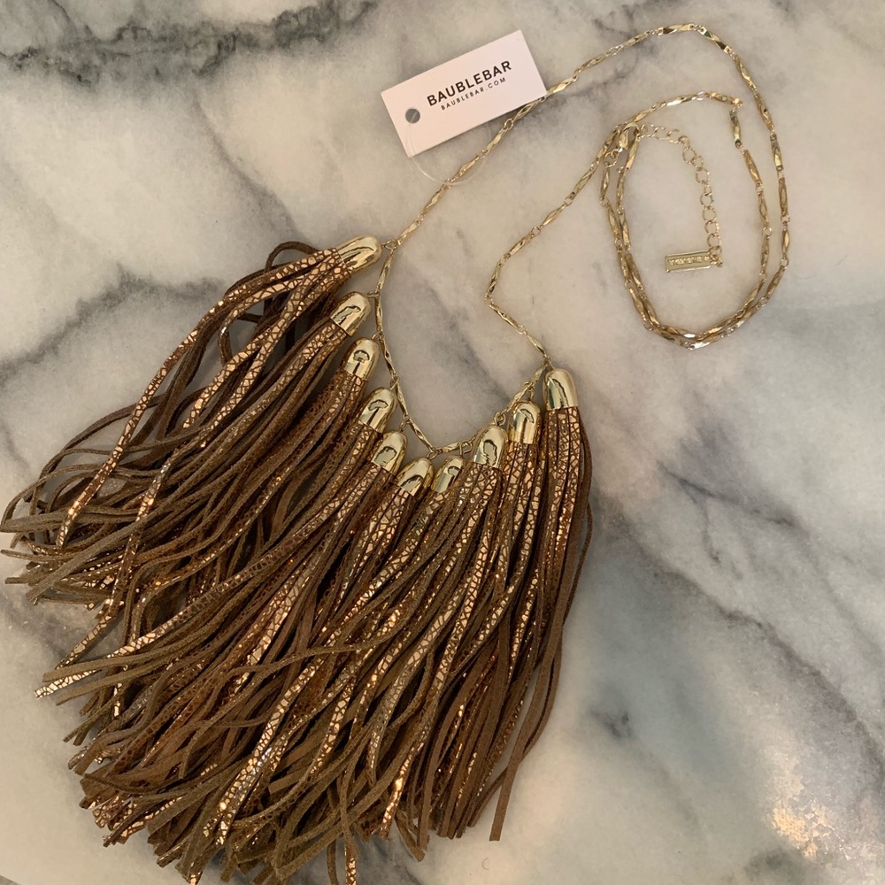 BaubleBar Long Leather Tassel Bib Necklace, Bronze